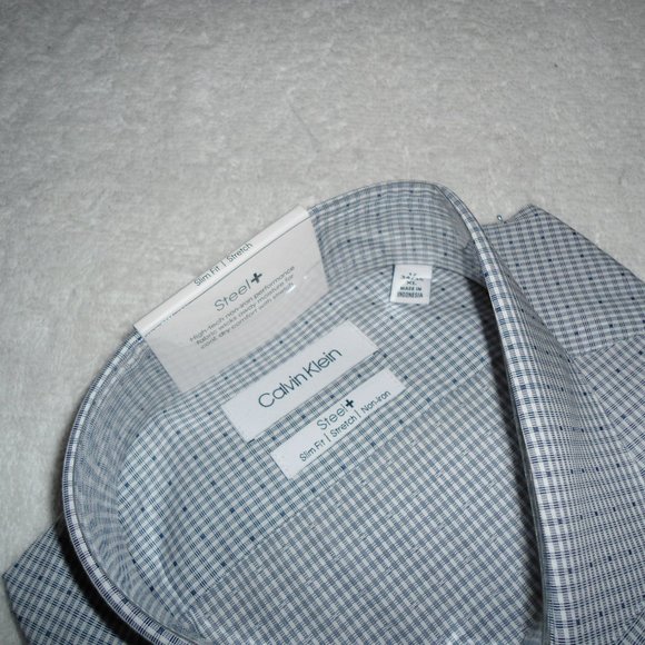 CALVIN KLEIN MED. BLUE CHECKS SLIM FIT DRESS SHIRT - Picture 2 of 5